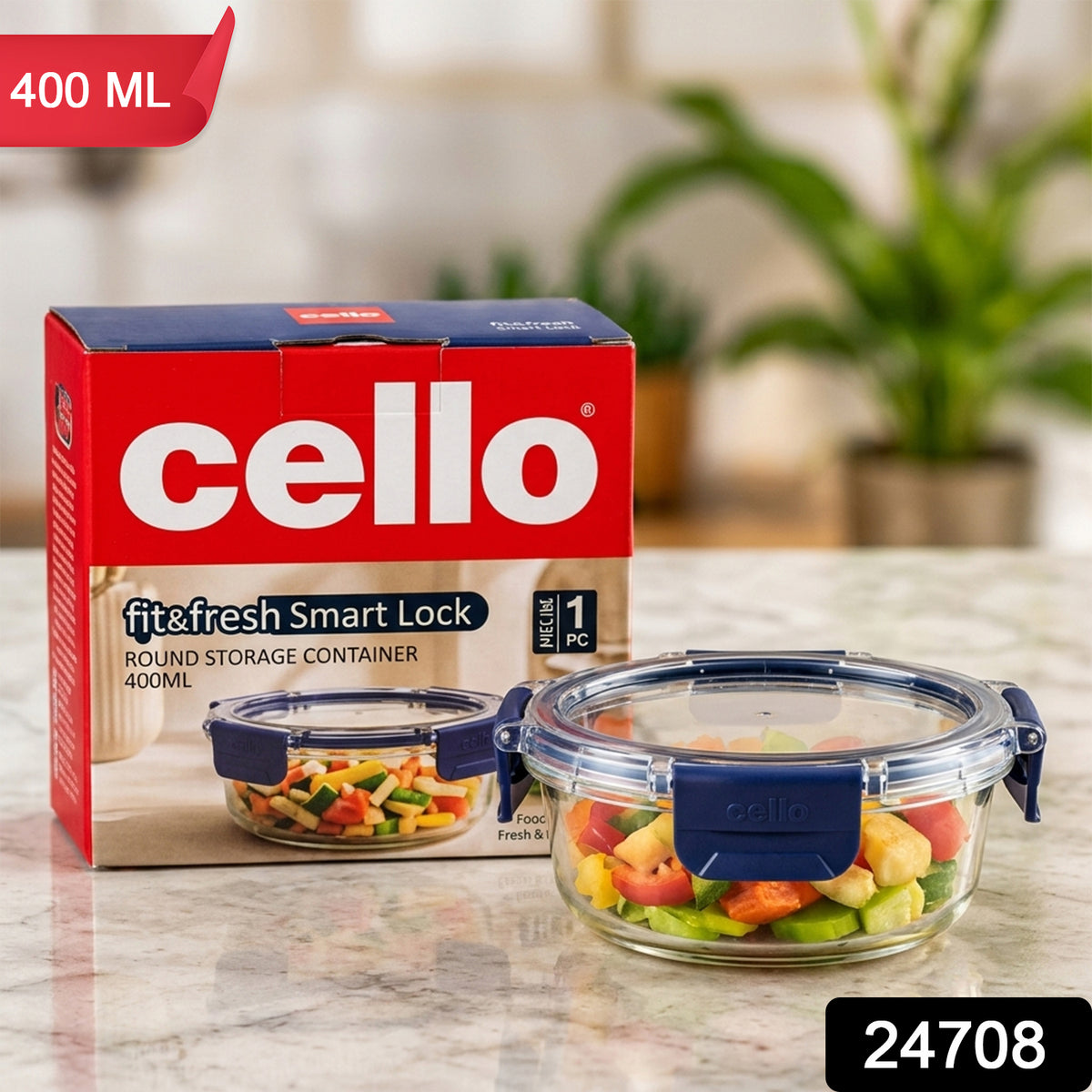 Cello 400ml Round Glass Food Storage Container with Smart Lock Lid (1 Pc)