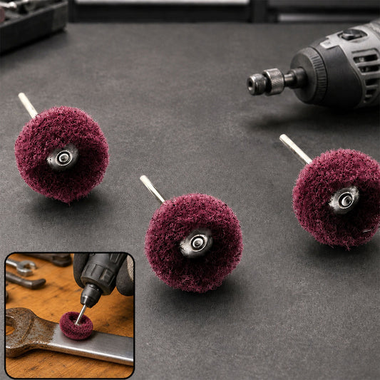 Three maroon buffing wheels with a rotary tool and a close-up of a wheel polishing metal.