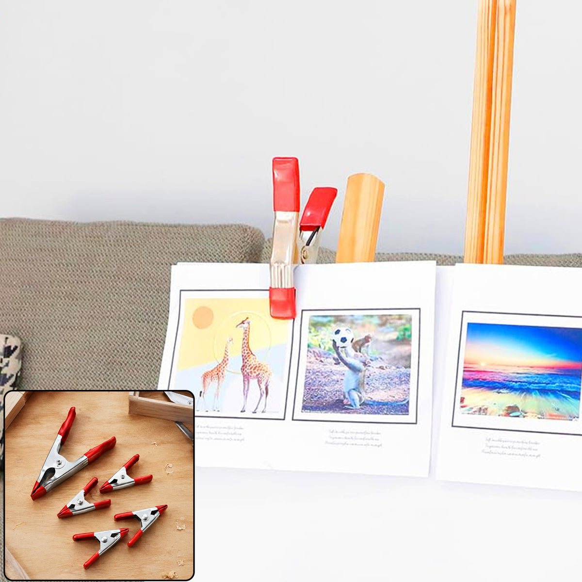Metal spring clamp holding display material