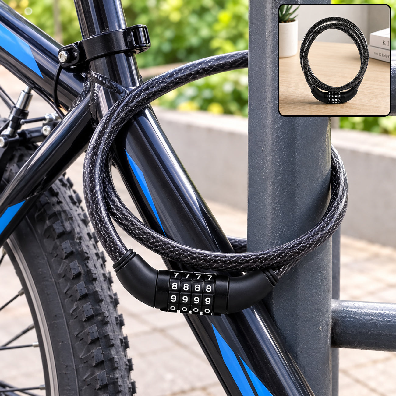 A black cable lock with a four-dial combination is wrapped around a black bicycle frame and a metal pole.
