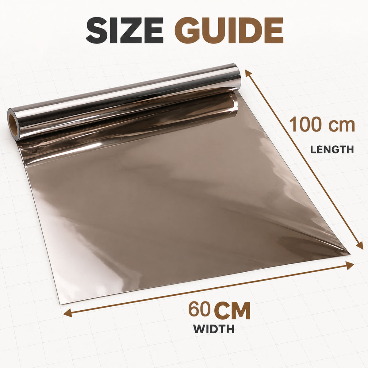 A roll of reflective film unrolled to show its 60 cm width and 100 cm length dimensions on a grey background.