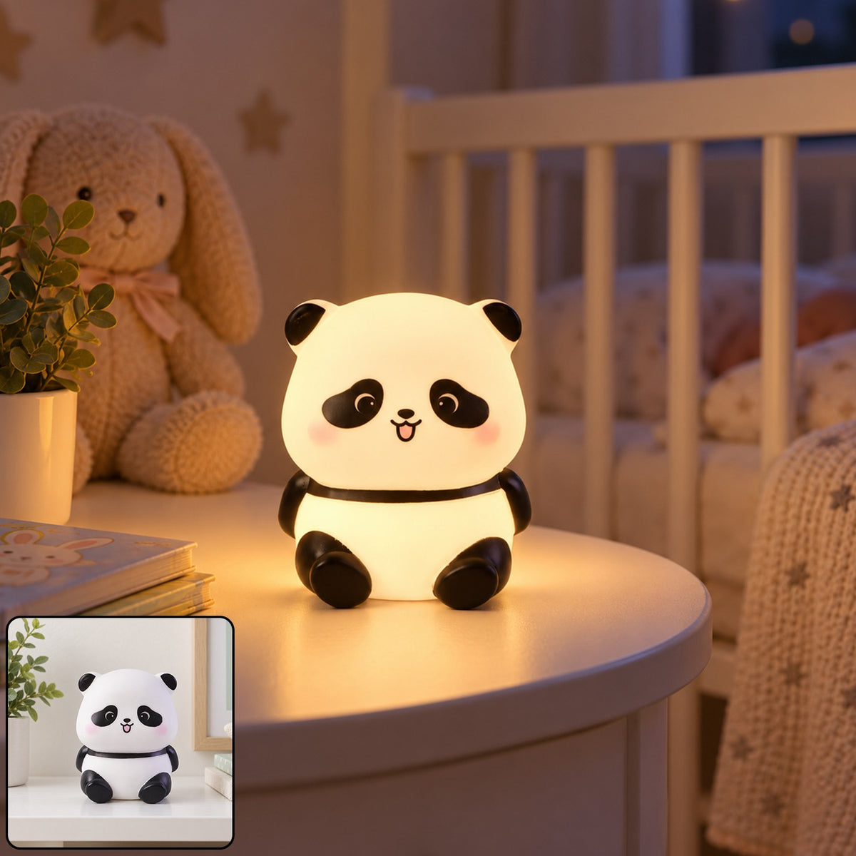 A glowing panda night light with a happy face sits on a white bedside table in a child's room.