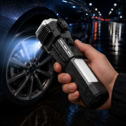 Hand holding a black and silver multi-tool flashlight, illuminating a car tire on a wet street at night.
