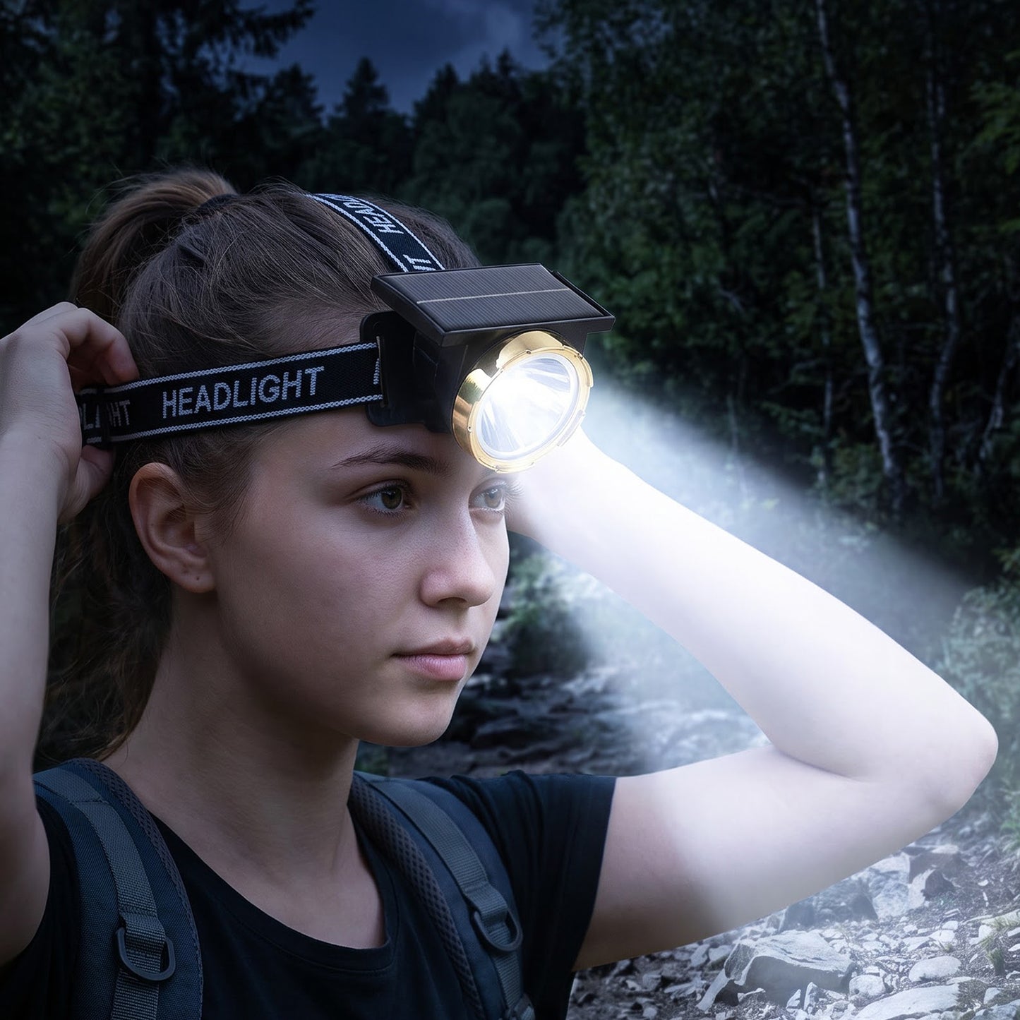Rechargeable solar LED headlamp in outdoor use