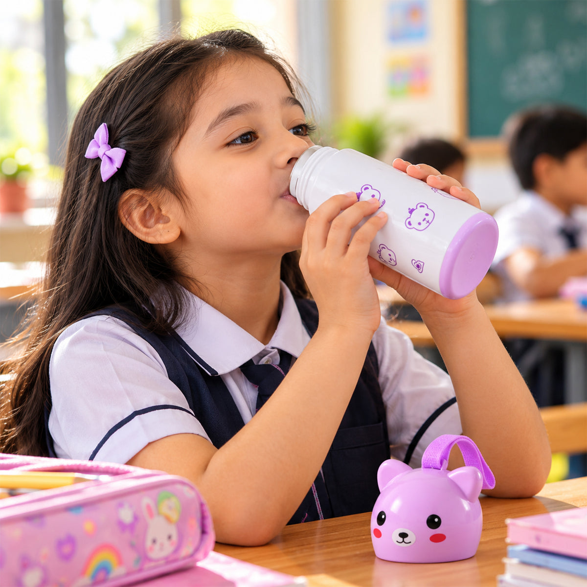 Mini Vacuum Water Bottle with Bunny Cap and Carry Strap 220ml (1 Pc)