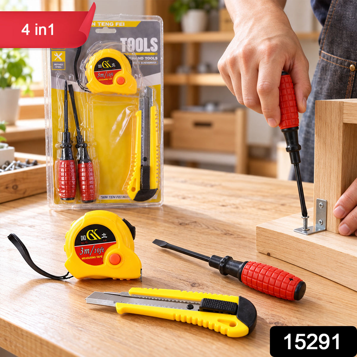 4 in 1 Hand Tool Kit for Garage and Hardware Repairs, Compact Tool Set (1 Set)