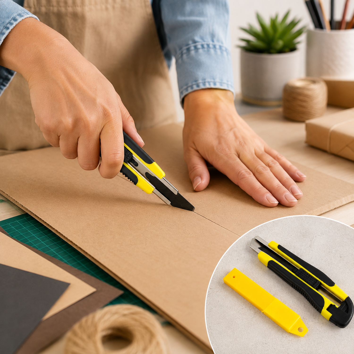 Hands using a yellow and black utility knife to cut a line in a piece of cardboard on a green mat.