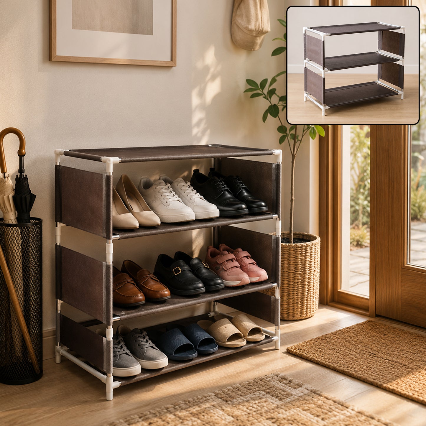 3 layer modular fabric shoe rack in entryway