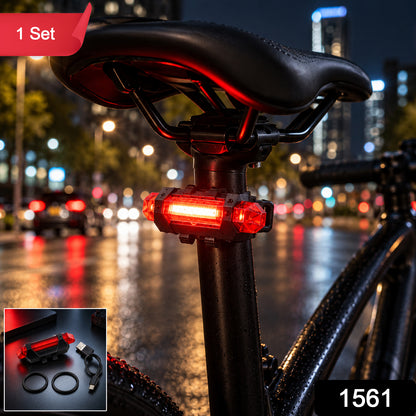 A red LED bicycle tail light is attached to a bike seat post, with a small inset showing the light and charging cable.