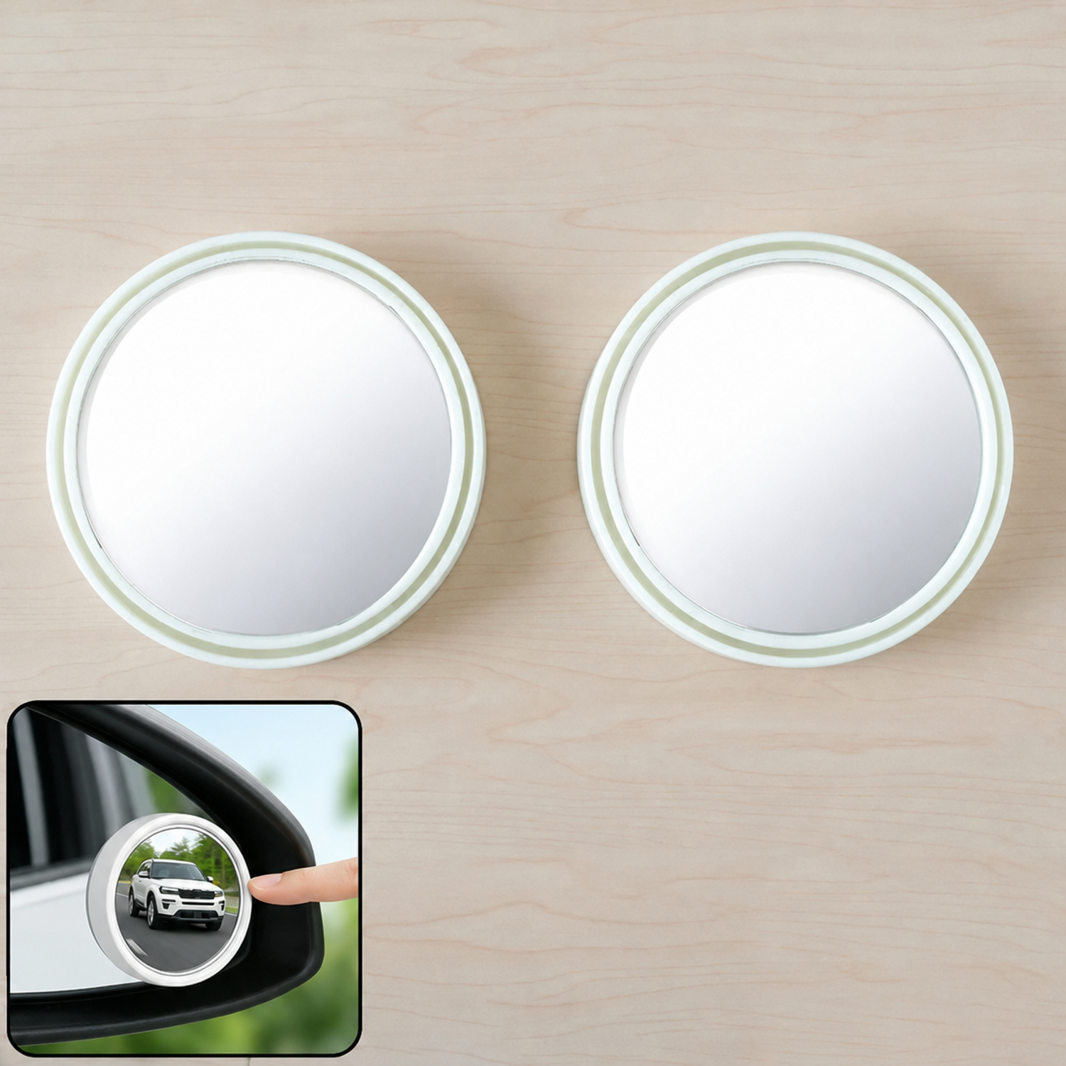 Two white round blind spot mirrors with a thin light green inner ring, displayed on a light wood surface.
