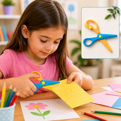 A young girl with long brown hair cuts yellow paper with blue and orange plastic scissors.