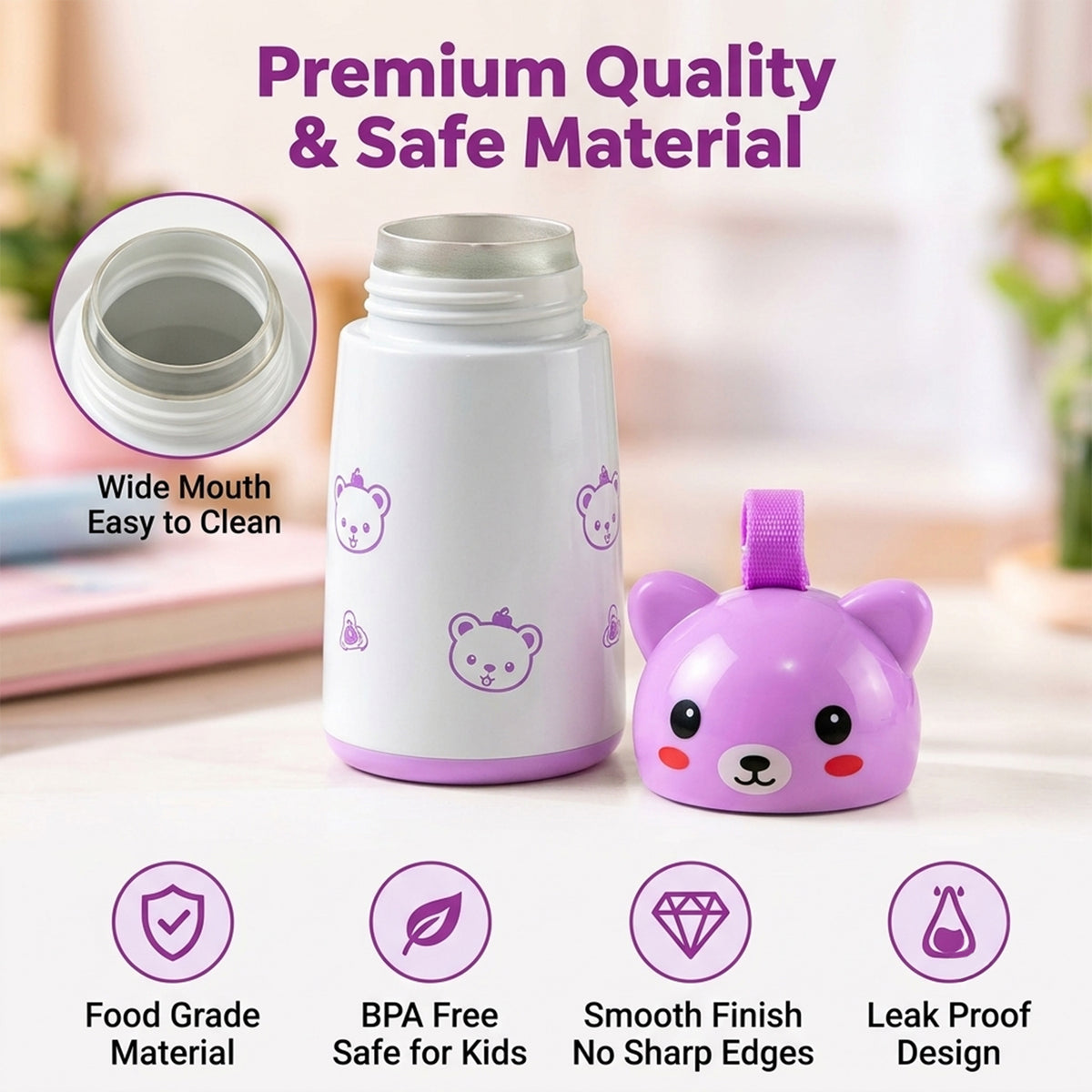 Mini Vacuum Water Bottle with Bunny Cap and Carry Strap 220ml (1 Pc)