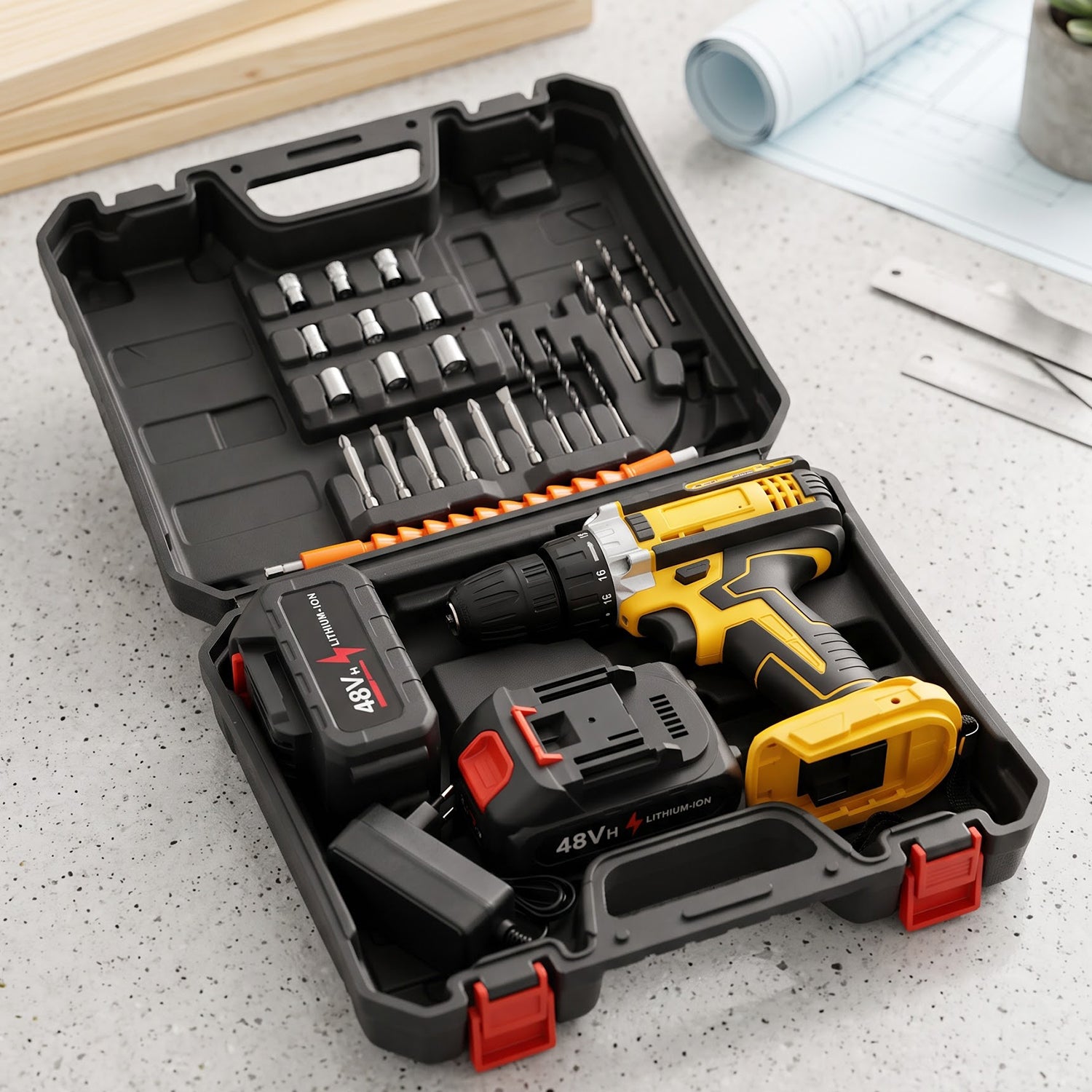 Cordless drill kit with two batteries and accessories