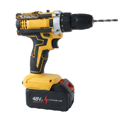 Cordless drill with battery on white background