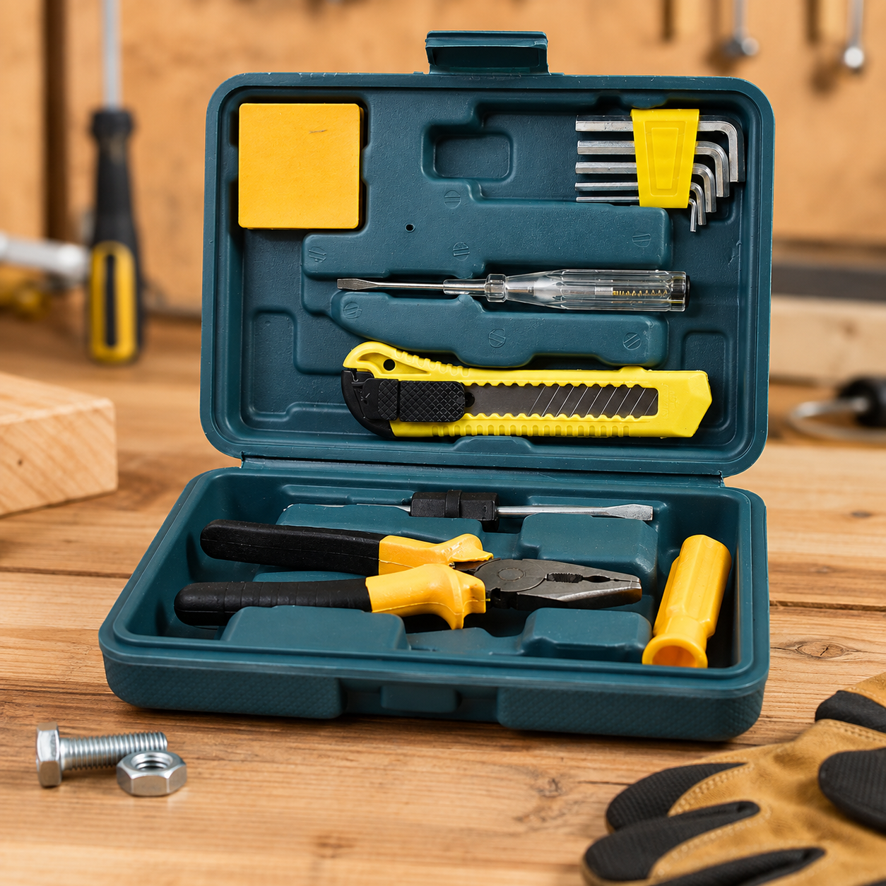 Open teal plastic toolbox on a wooden surface, displaying various yellow and black handled tools, including pliers,