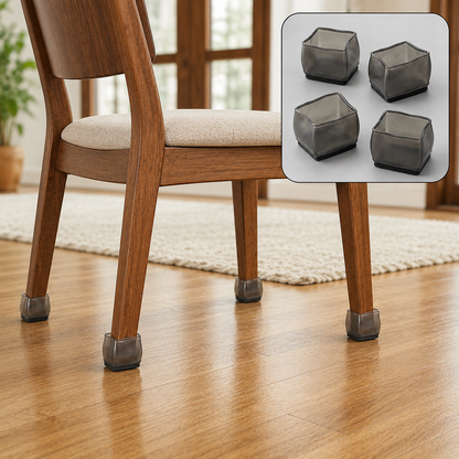 A wooden chair with light seat cushion has dark grey silicone caps on all four legs, with an inset of four caps.