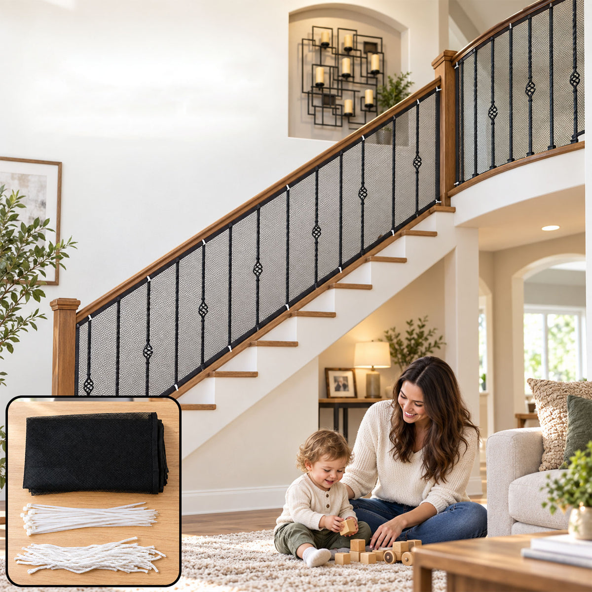 Mesh net attached along indoor stair railing