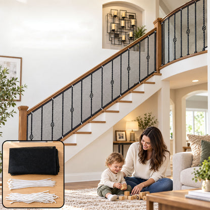 Mesh net attached along indoor stair railing
