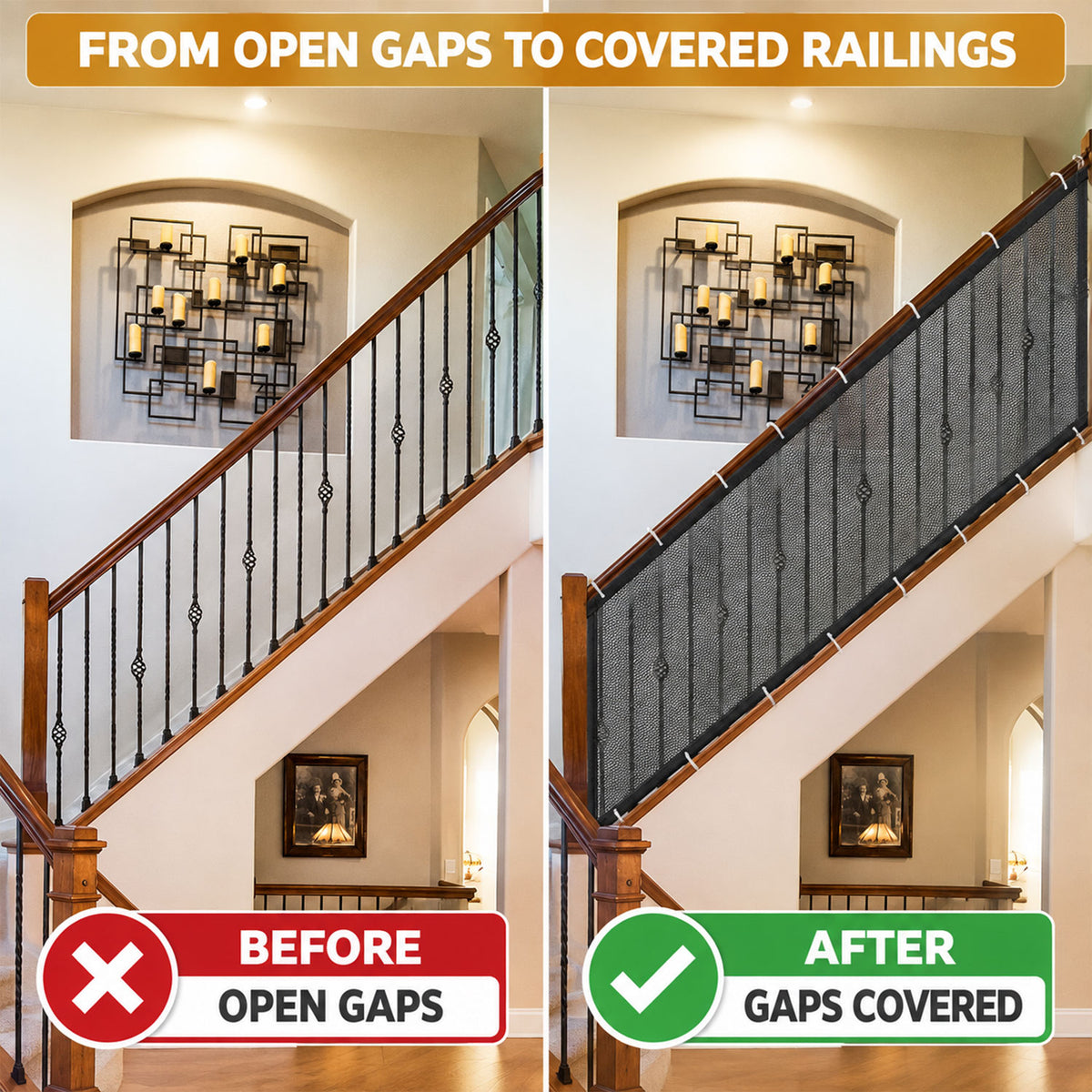 Railing before and after mesh coverage