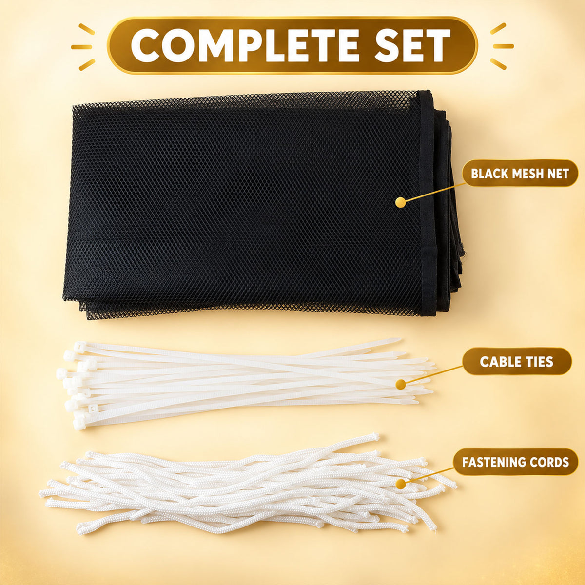 Mesh panel with cable ties and fastening cords