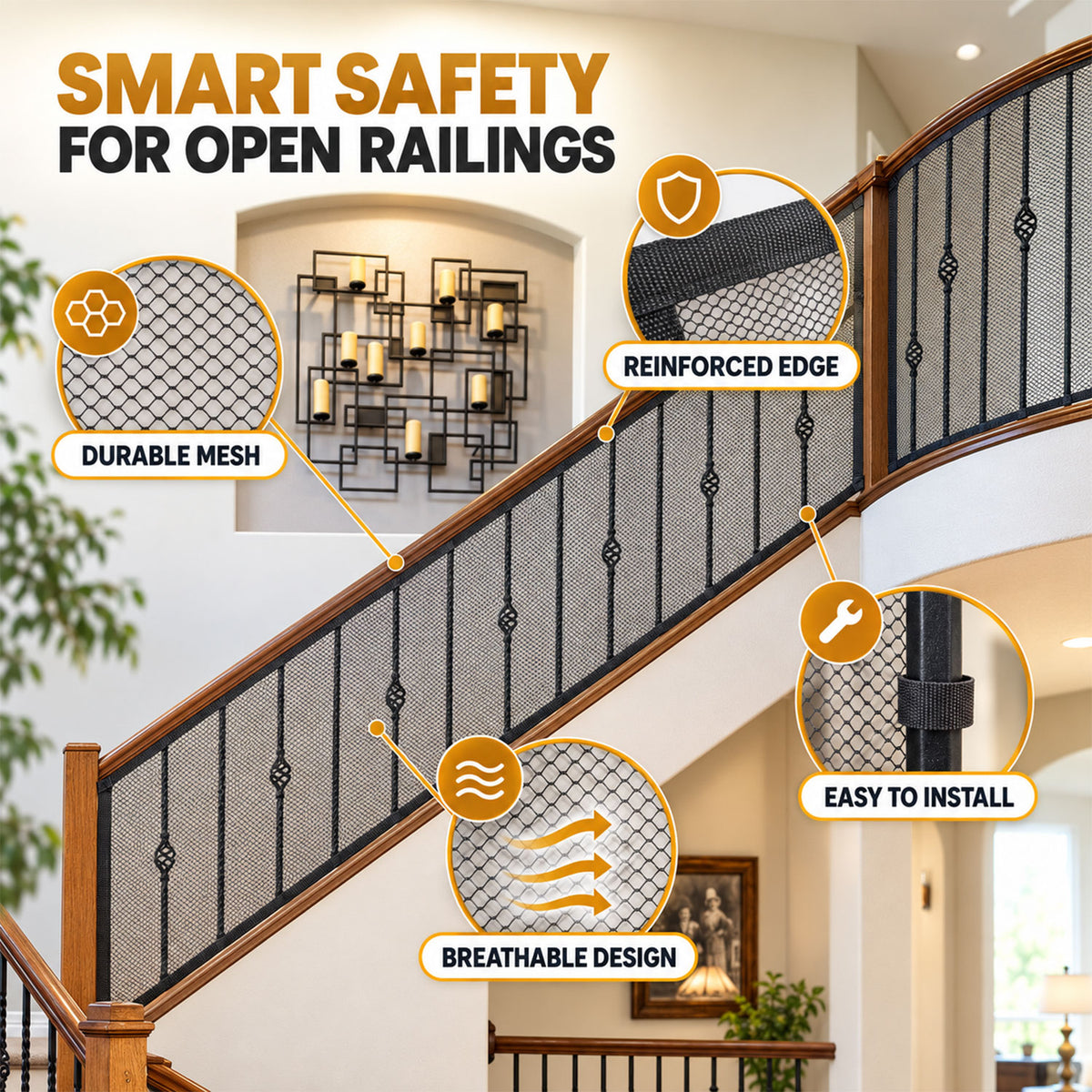 Mesh net fitted along staircase railing