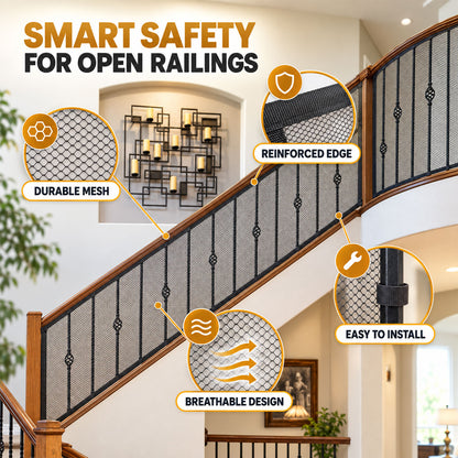 Mesh net fitted along staircase railing