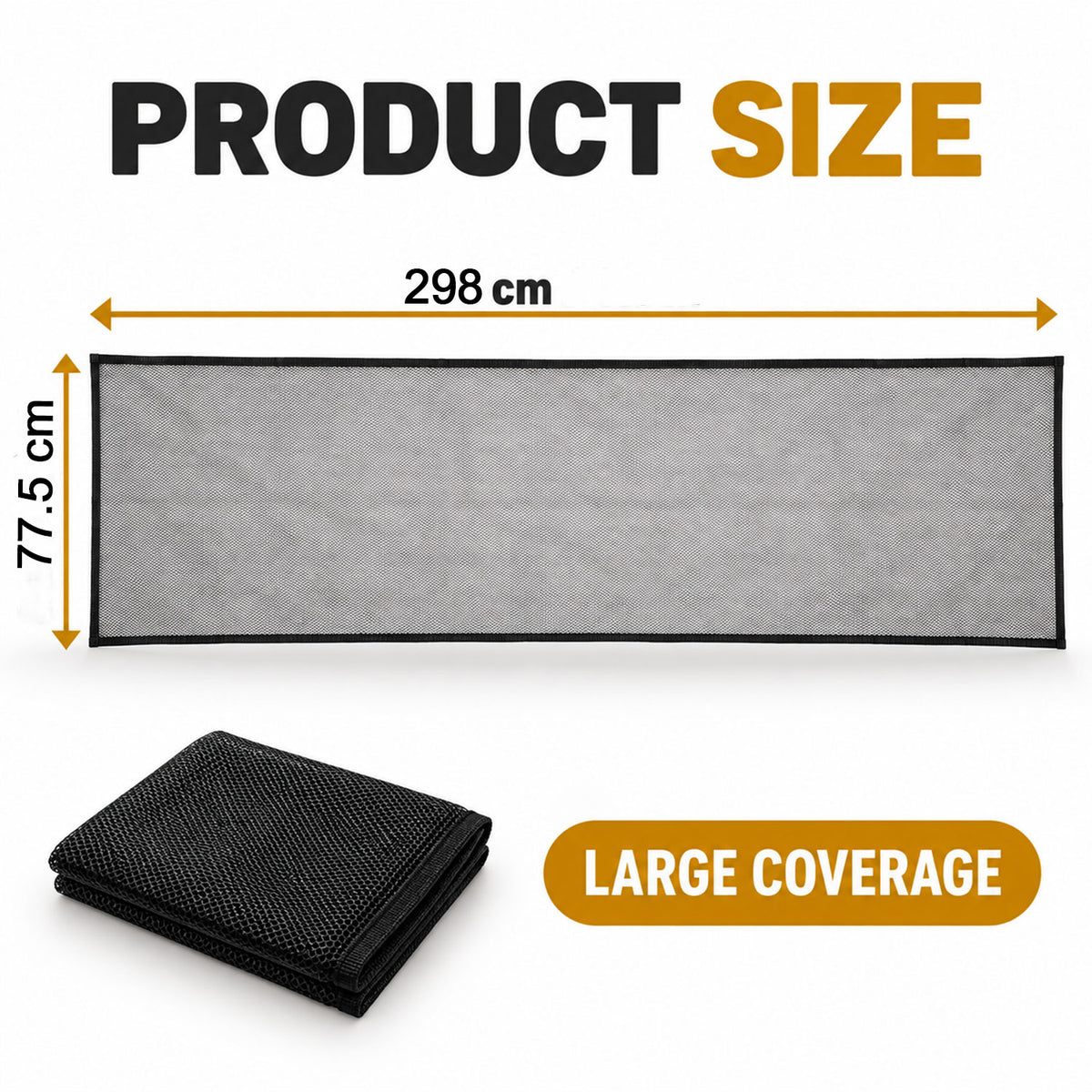 Mesh panel size guide showing 298 cm by 77.5 cm