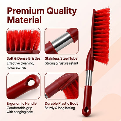 A red and silver cleaning brush is shown with close-up details of its soft red bristles, steel tube, handle, and plastic