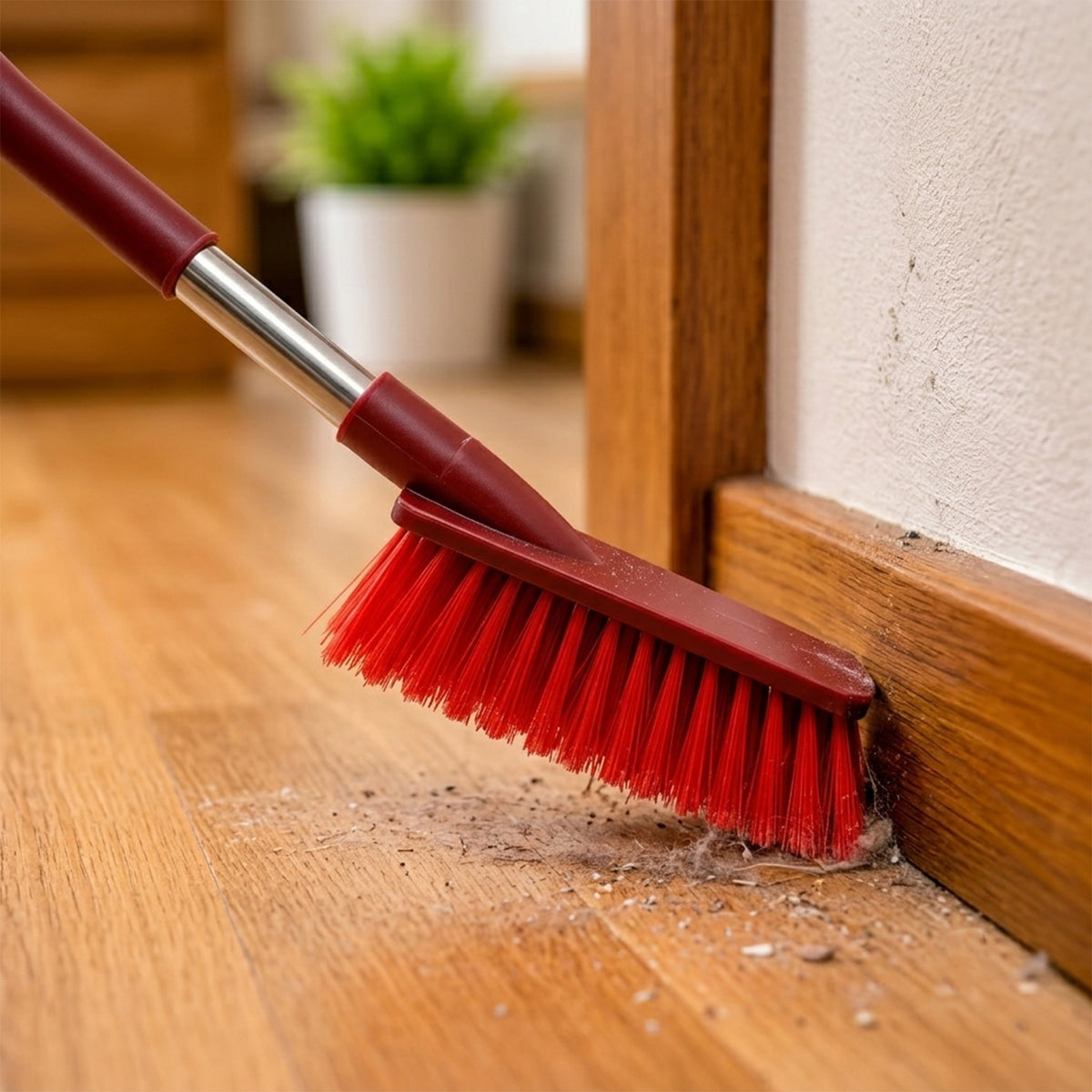 A red and silver brush sweeps dust and debris from a wooden floor next to a white baseboard.