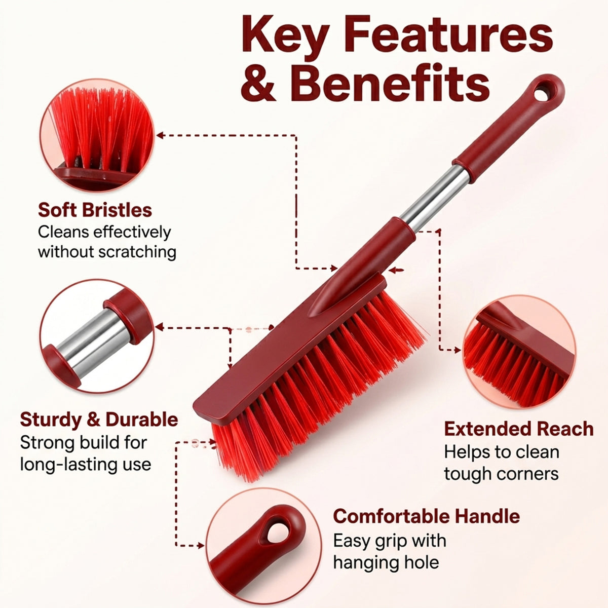 A red and silver cleaning brush is shown with callouts highlighting its soft bristles, sturdy build, extended reach, and