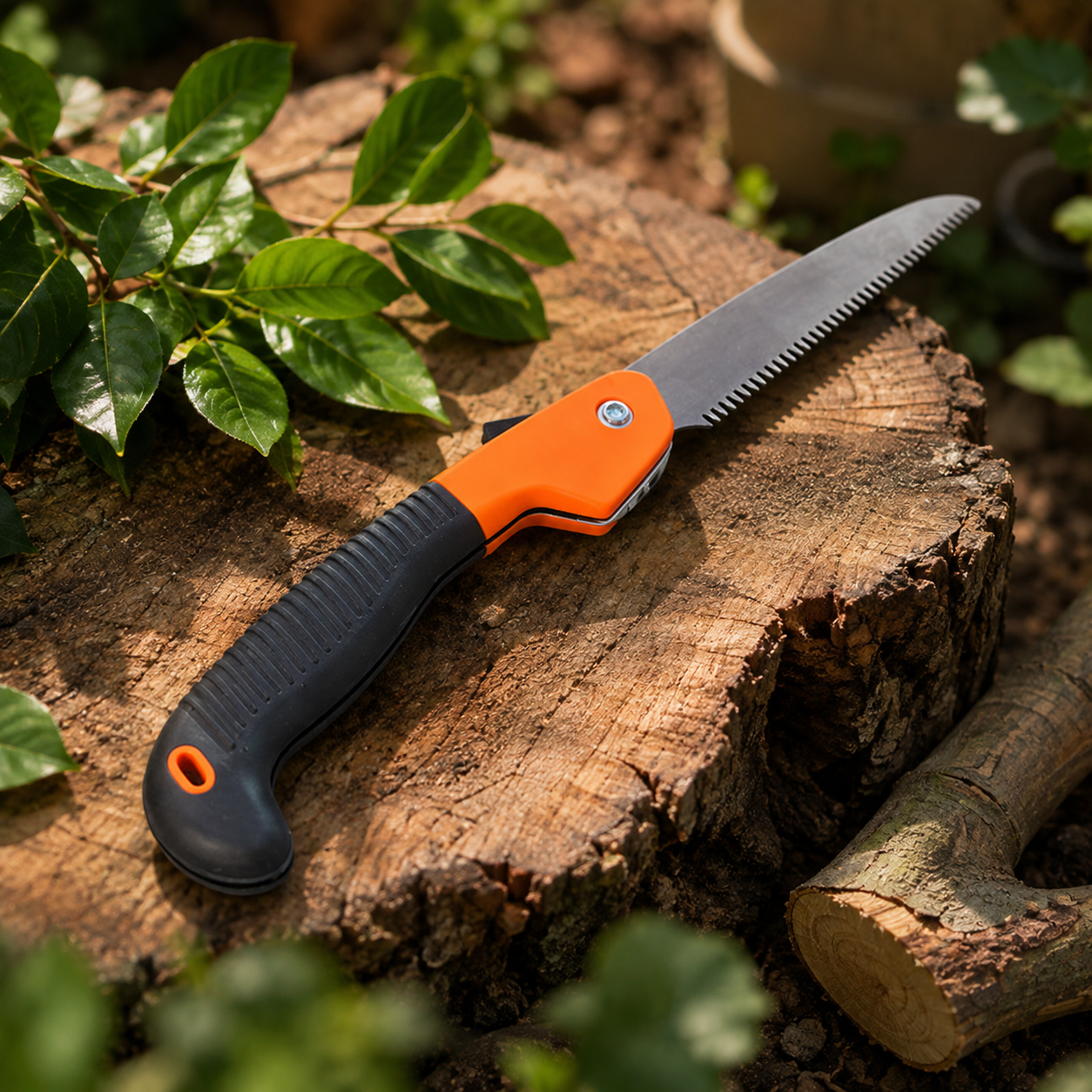 An orange and black folding hand saw with a metal blade rests on a tree stump amidst green leaves.