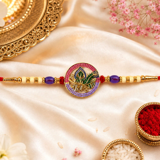 Colourful Radha Krishna Beads Rakhi with intricate design for Raksha Bandhan.