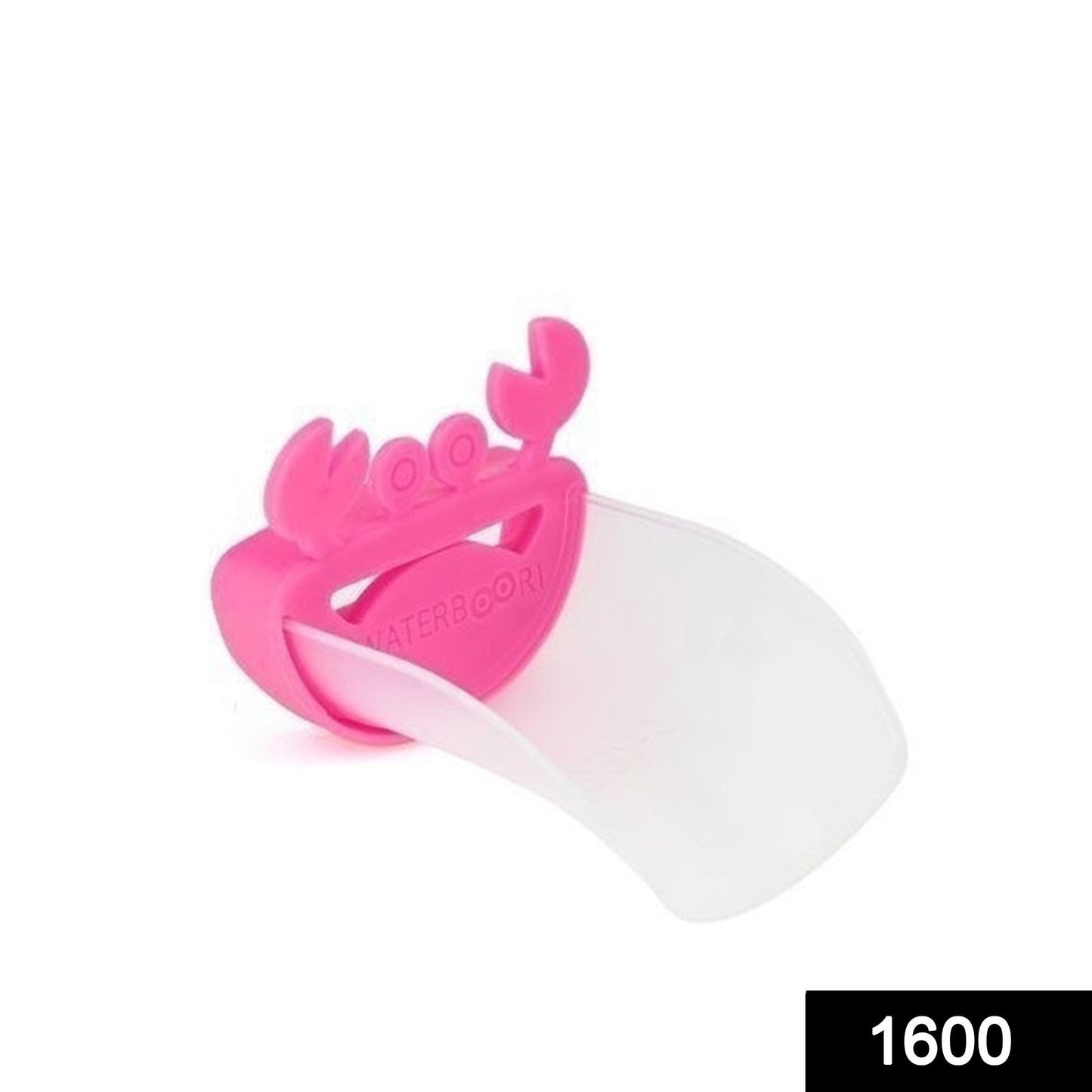 Close-up view of a silicone sink handle extender with a child-friendly design.