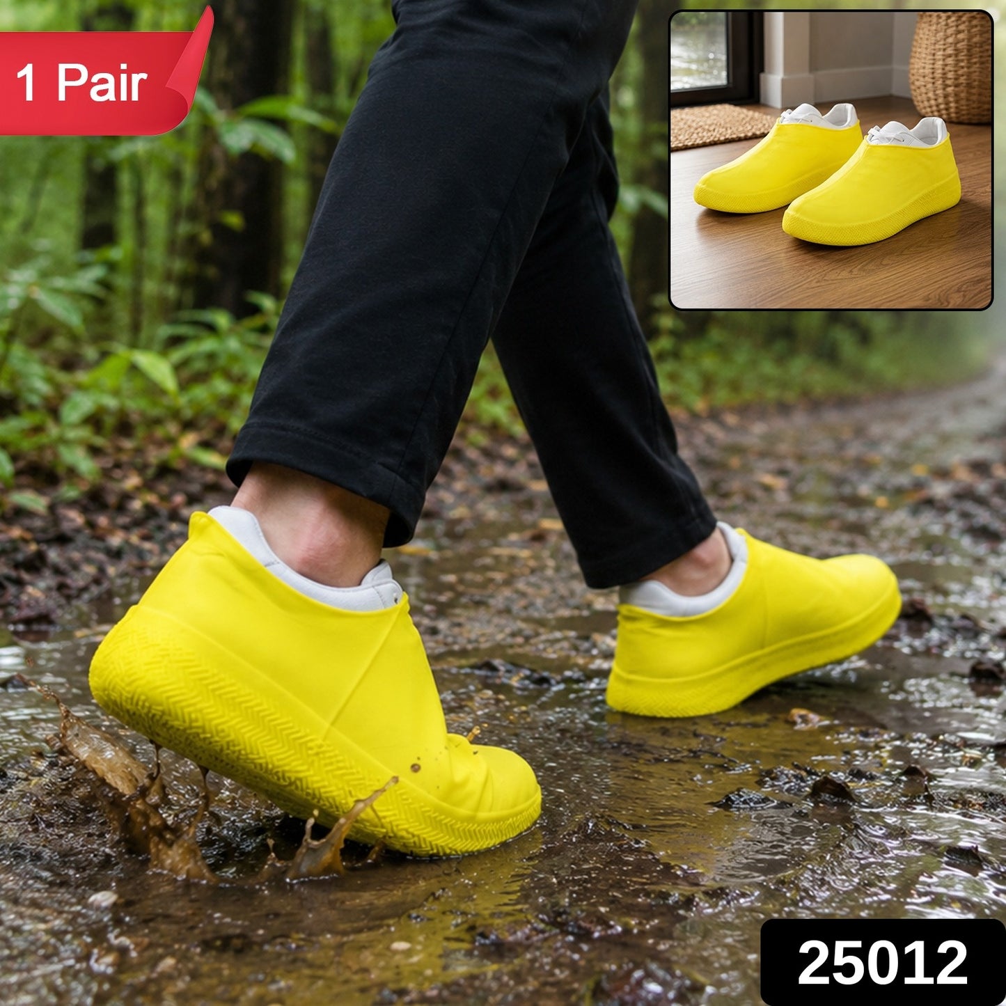 A person in black pants and yellow shoe covers walks through a muddy puddle, with a "1 Pair" label in the corner.