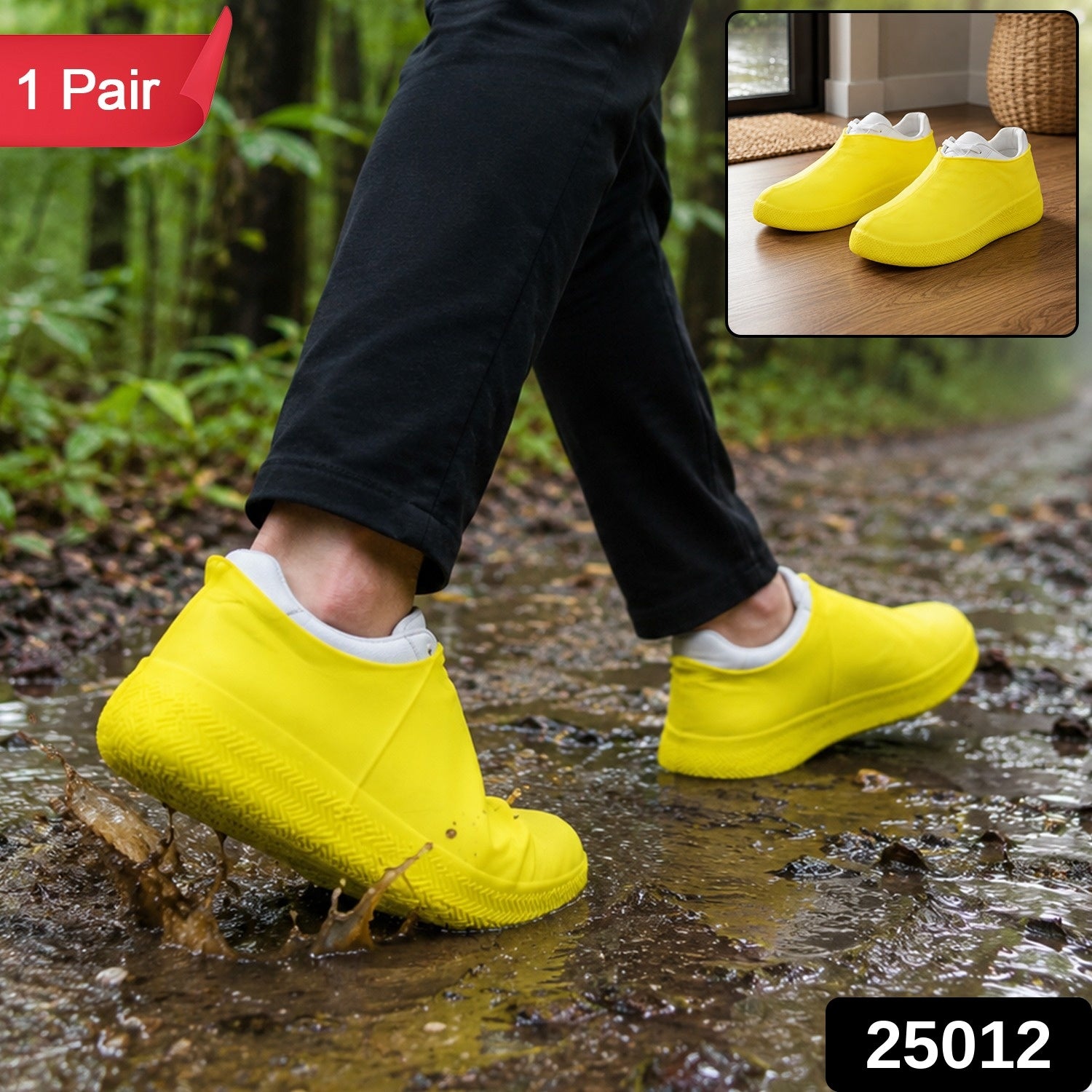 A person in black pants and yellow shoe covers walks through a muddy puddle, with a "1 Pair" label in the corner.