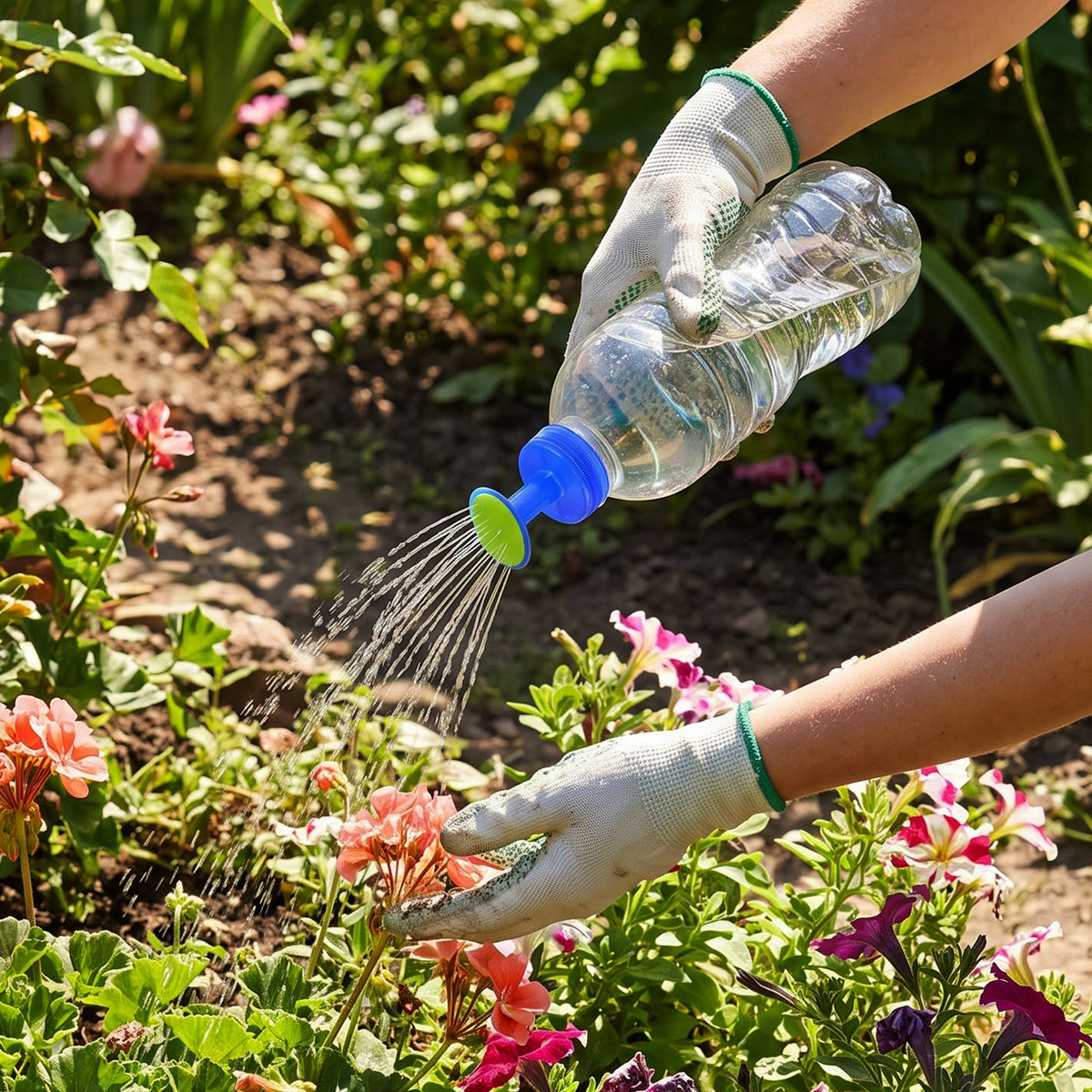 Bottle cap sprinkler watering flowers