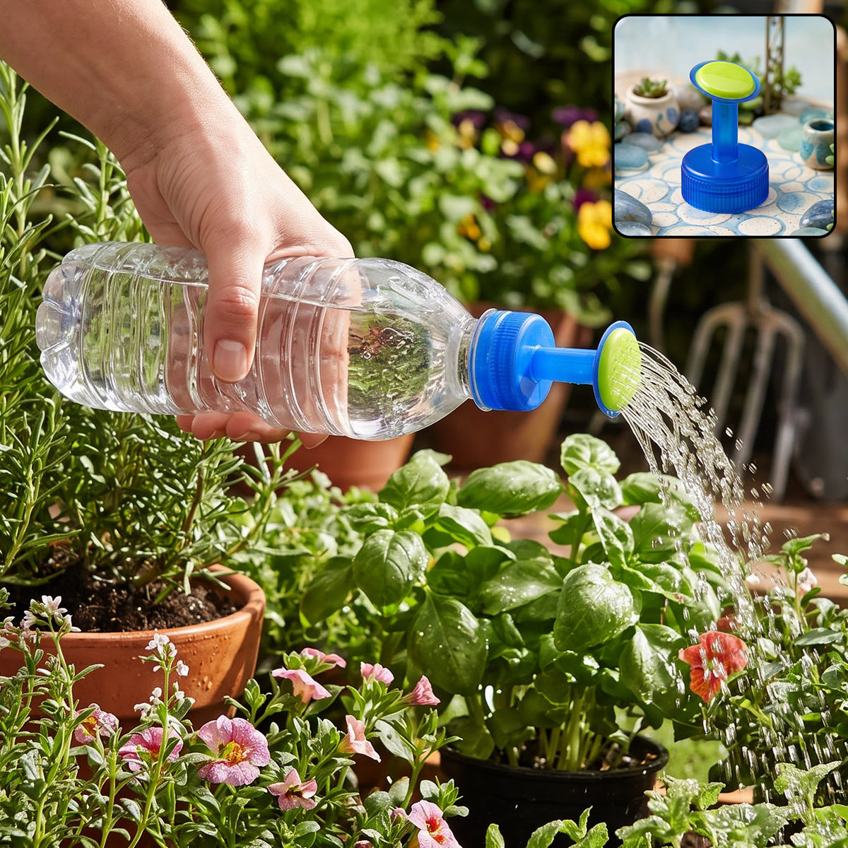 Bottle sprinkler cap garden lifestyle view