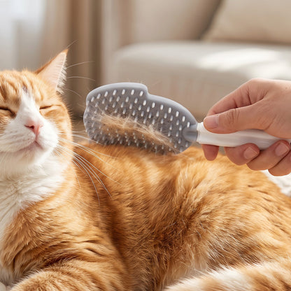 Pet grooming brush removing loose fur