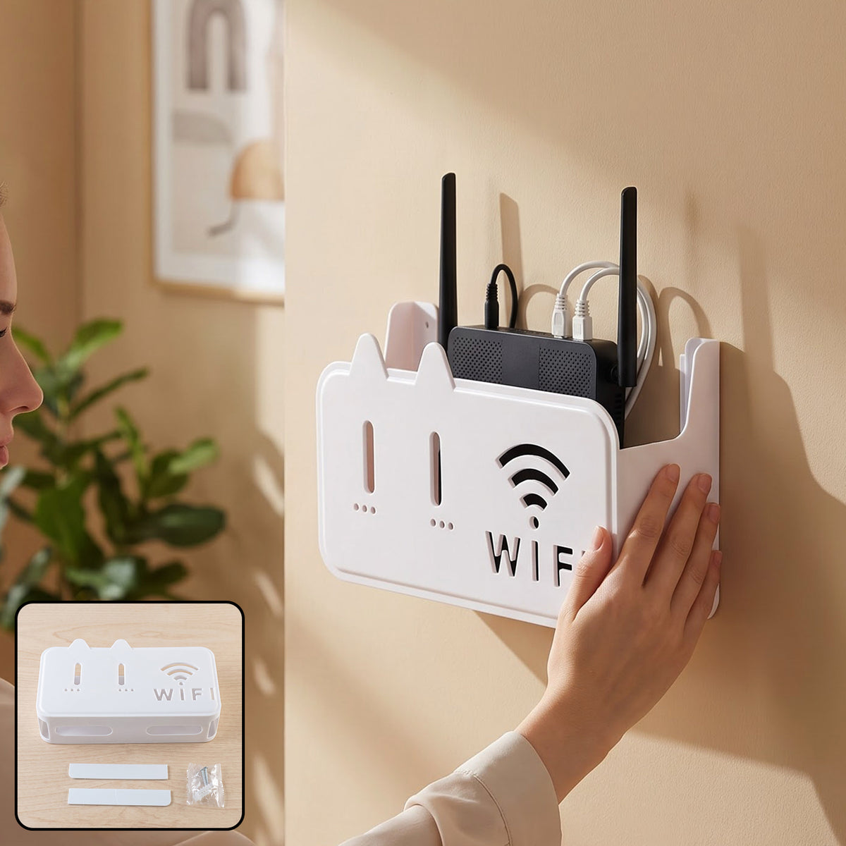Plastic wall mount router stand installed with WiFi router