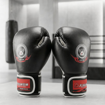 Close-up of padded boxing gloves with adjustable wrist strap for training and sparring.