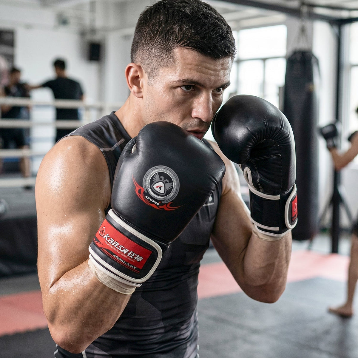 Details of padded boxing gloves ideal for MMA and kickboxing workouts.