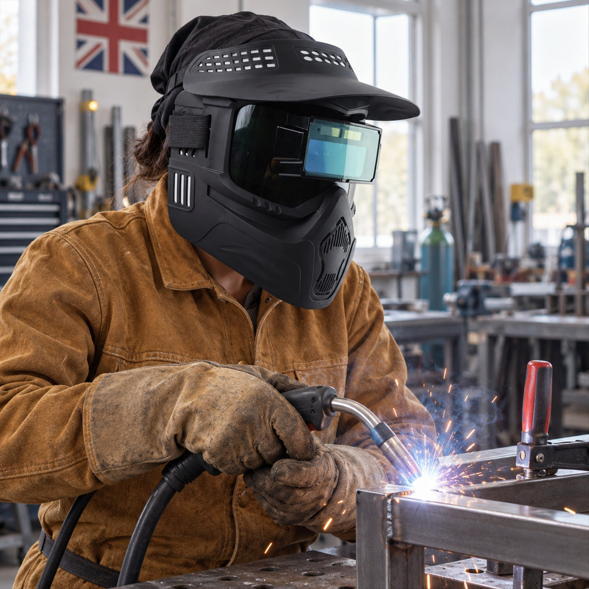 Automatic dimming welding mask - side view in use