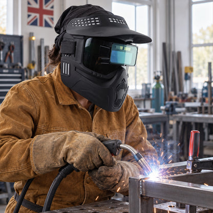 Automatic dimming welding mask - side view in use