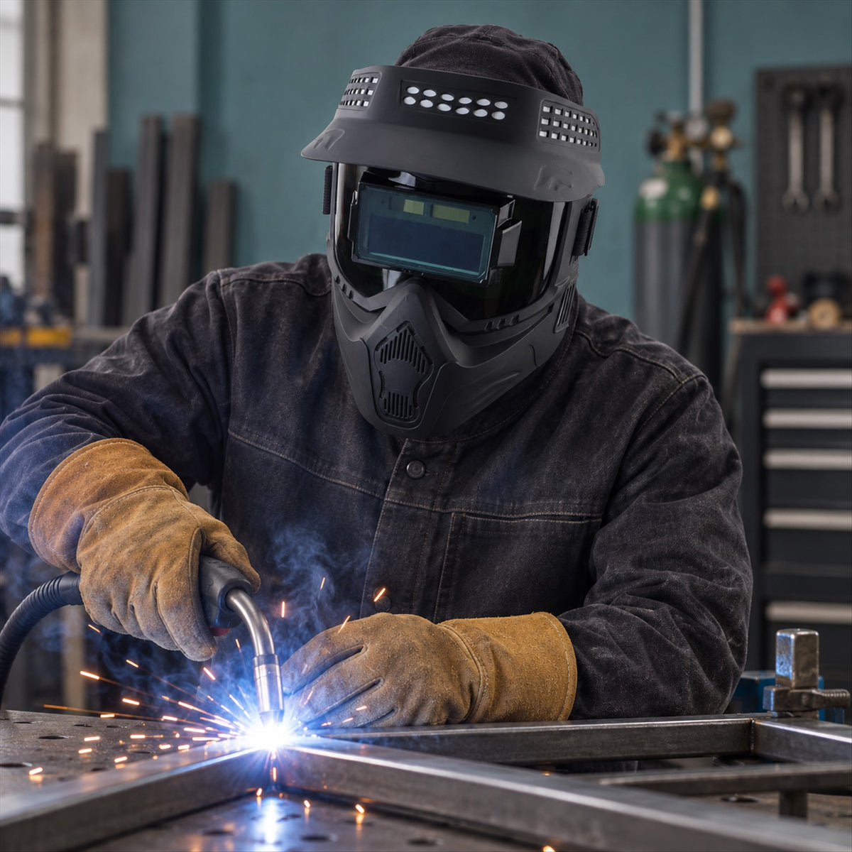 Automatic dimming welding mask - front view in use