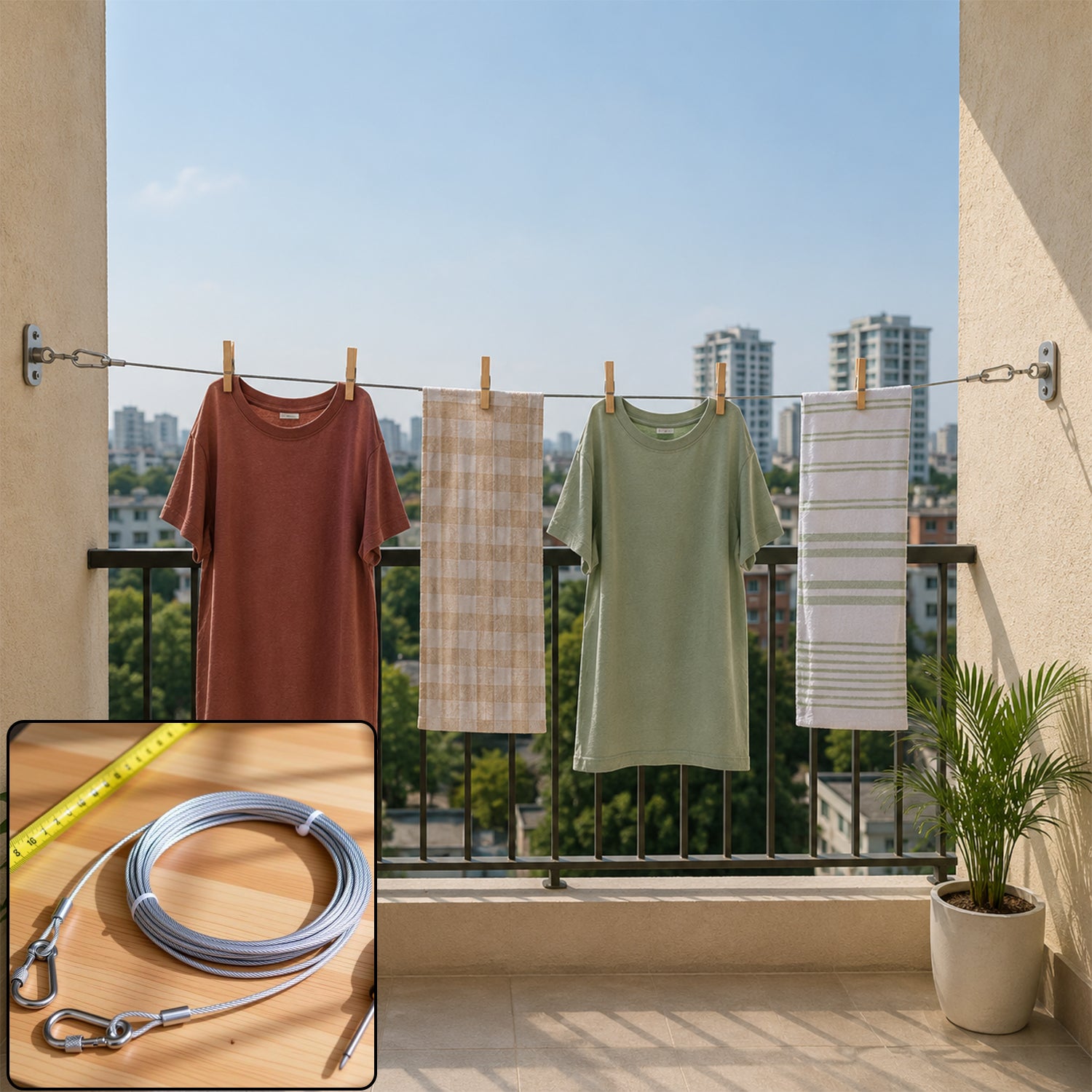 Heavy duty steel wire clothesline in use