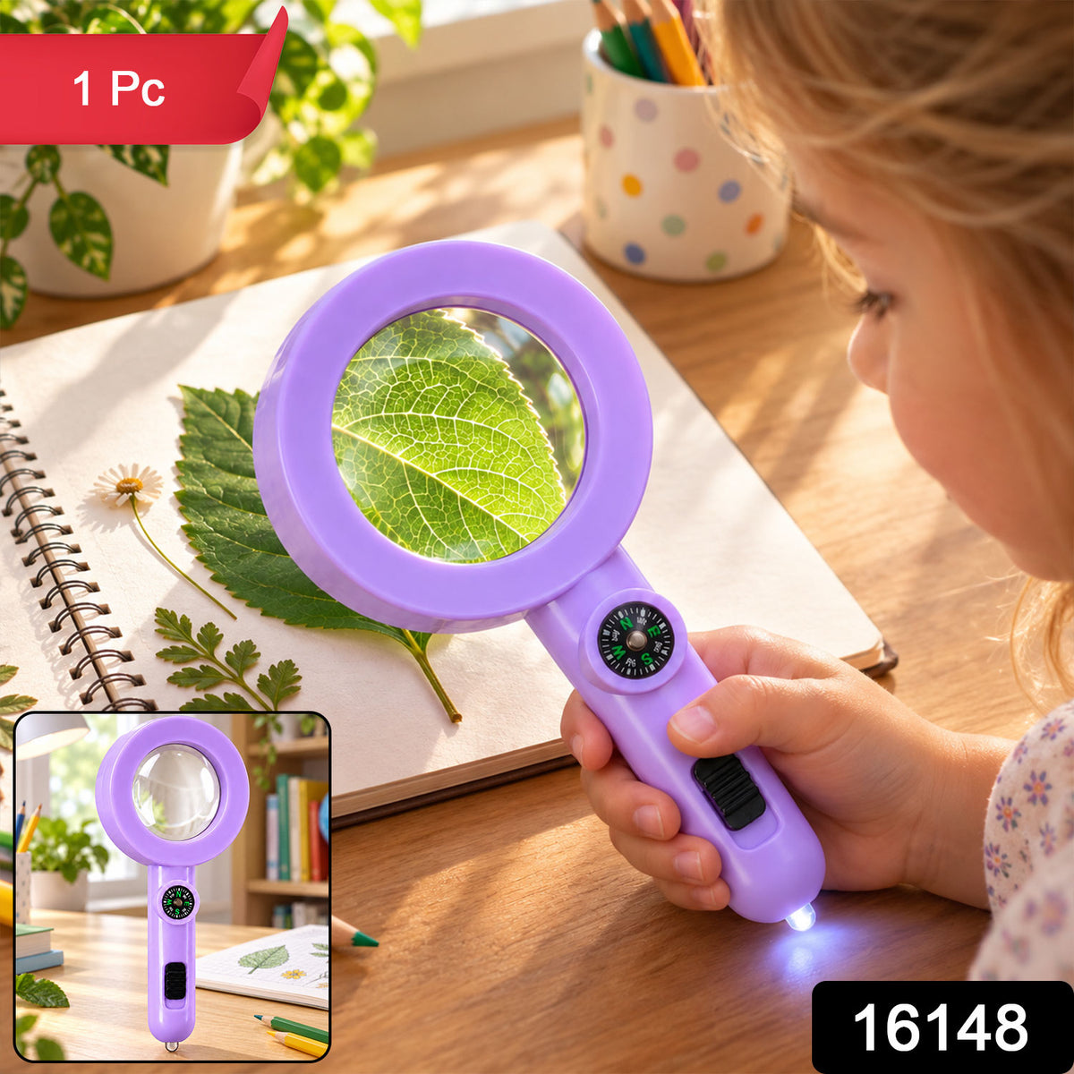 Handheld Magnifying Glass with LED Light and Compass for Nature Exploration (1 Pc)