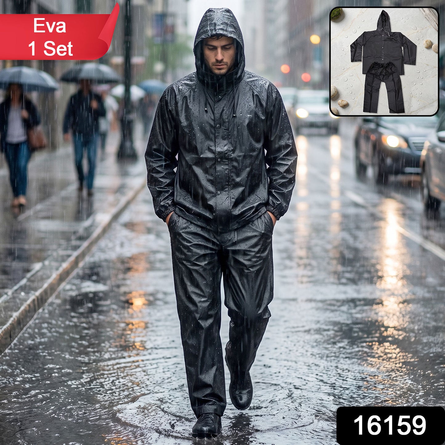 Reusable Waterproof EVA Rain Coat Set with Hood Jacket and Pant (1 Set)