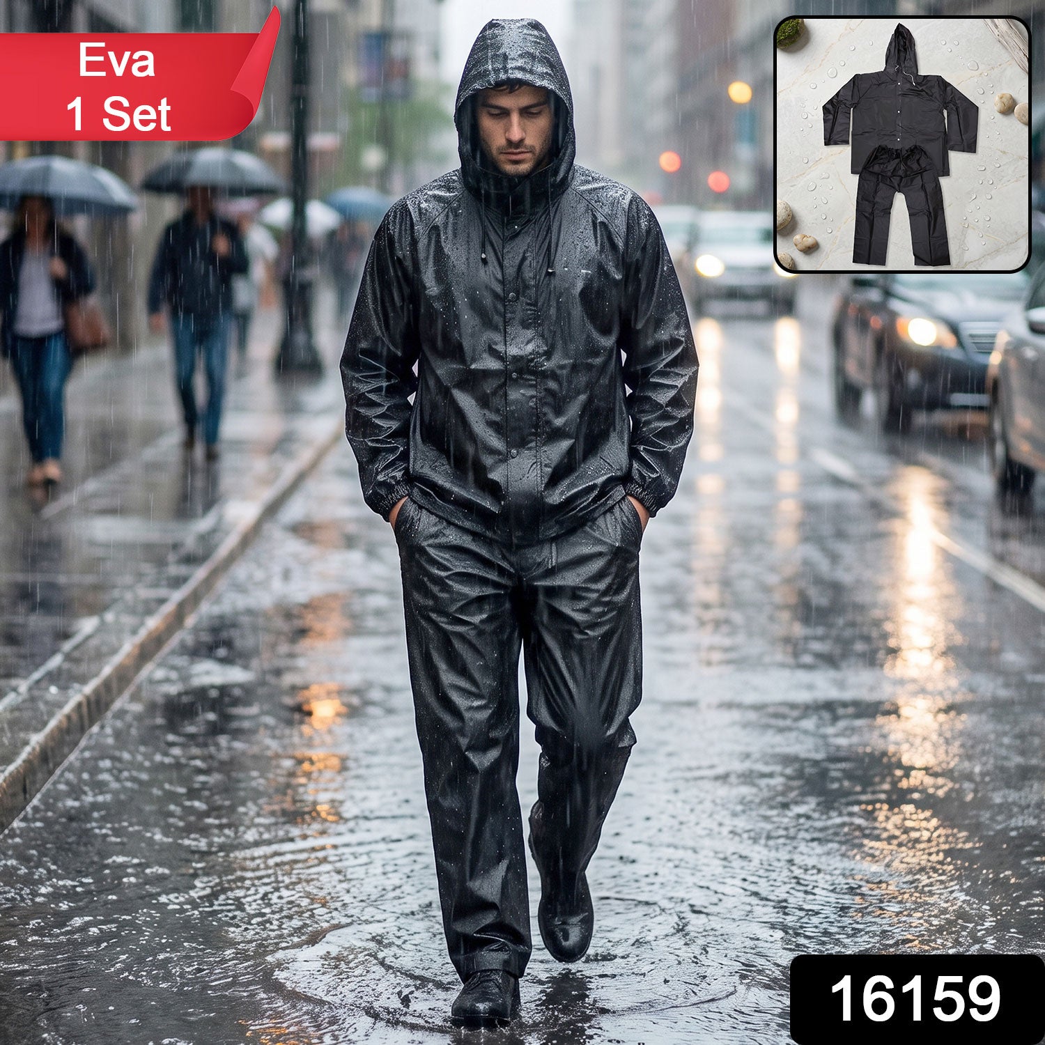 Reusable Waterproof EVA Rain Coat Set with Hood Jacket and Pant (1 Set)