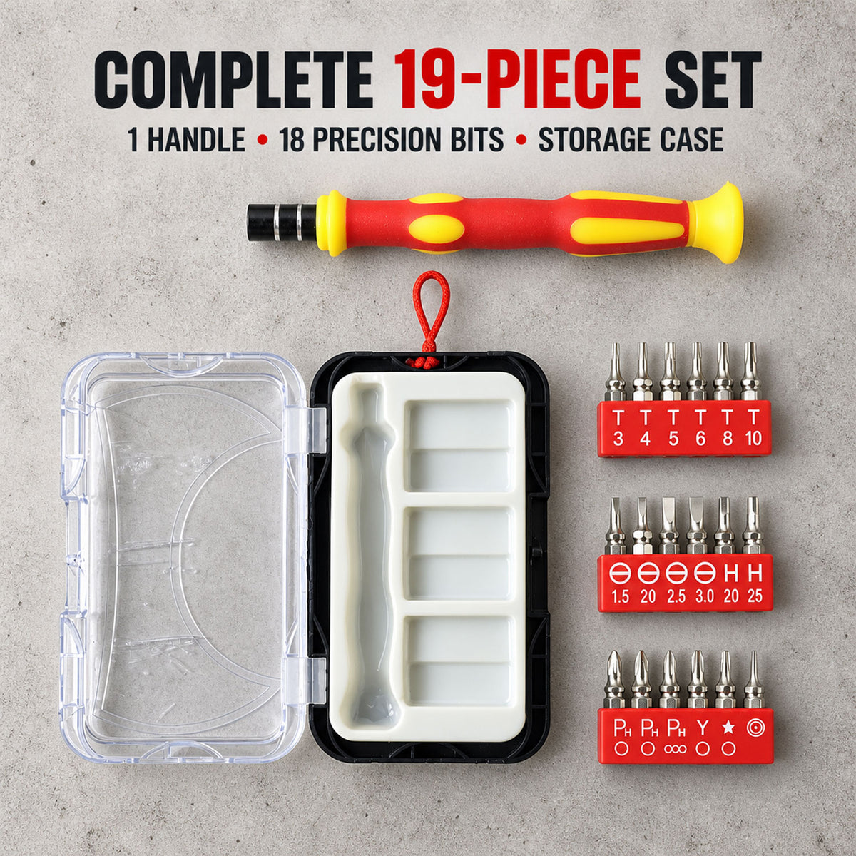 Complete precision screwdriver kit with handle and 18 bits