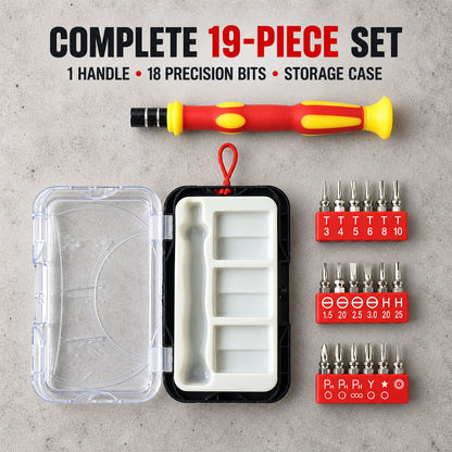 Complete precision screwdriver kit with handle and 18 bits